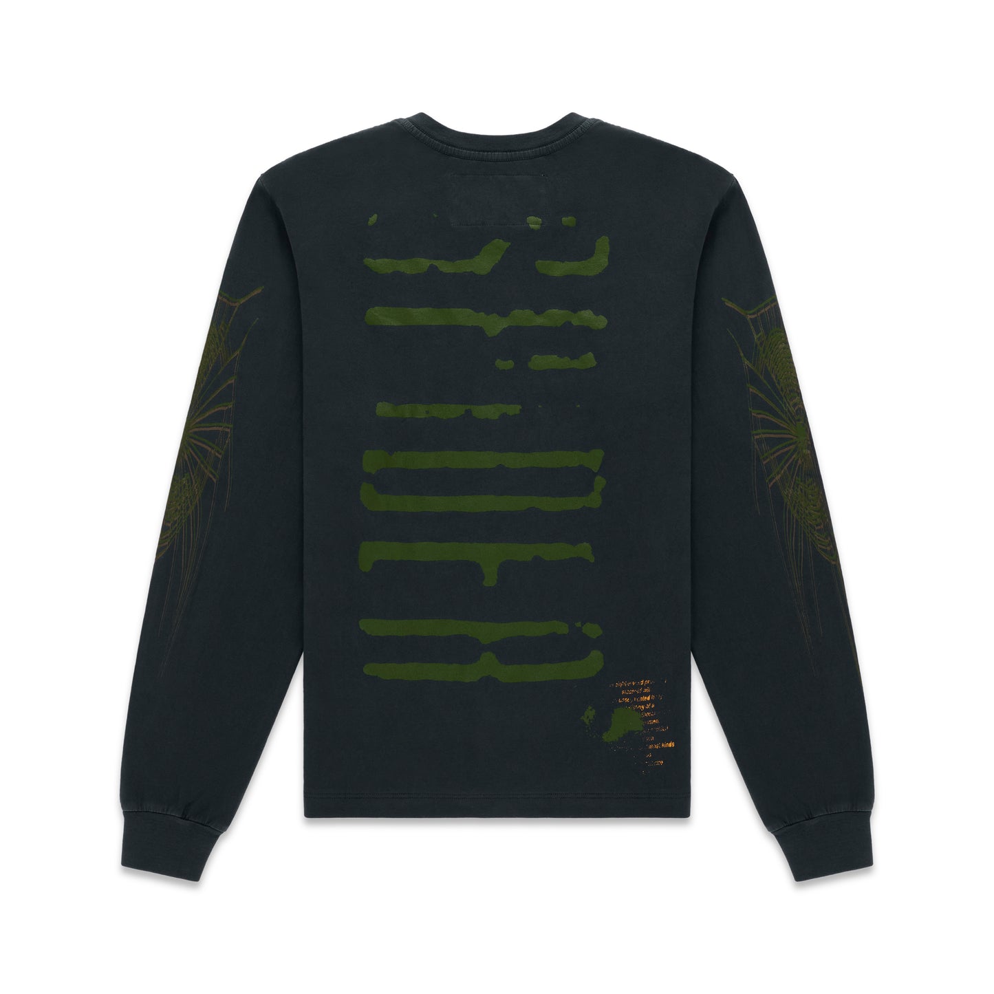 WAIT LONGSLEEVE: Black 100% cotton long sleeve tee with green graphic print on back and sleeves.