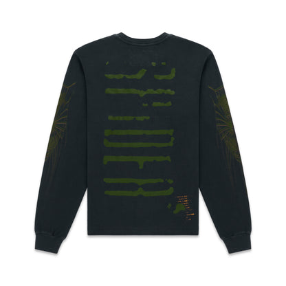 WAIT LONGSLEEVE: Black 100% cotton long sleeve tee with green graphic print on back and sleeves.