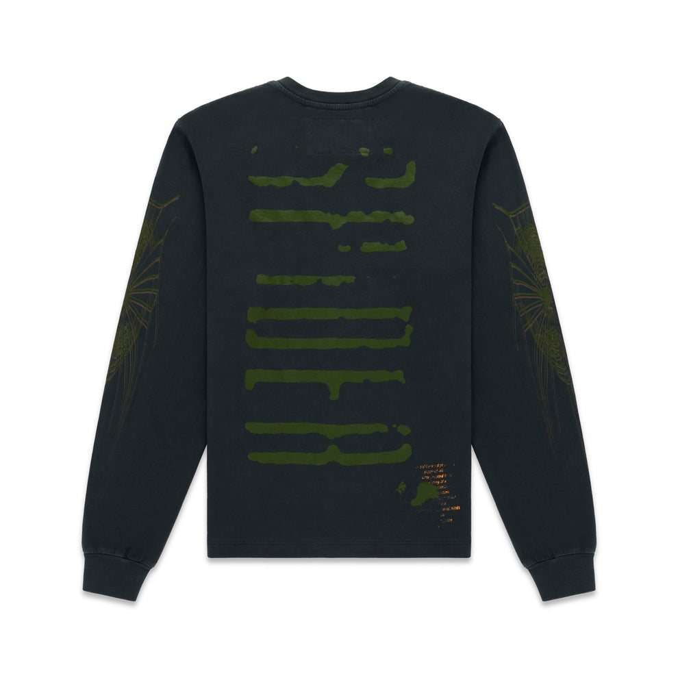 WAIT LONGSLEEVE: Black 100% cotton long sleeve tee with green graphic print on back and sleeves.