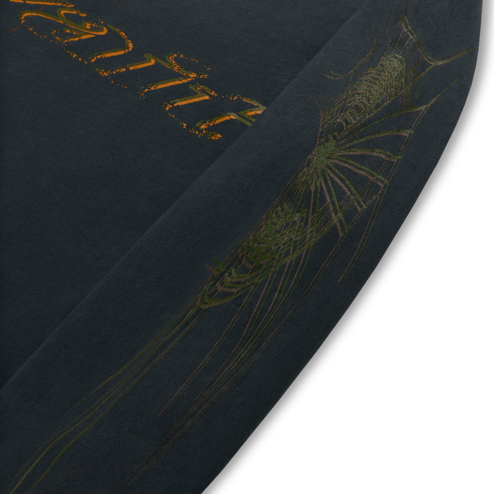 WAIT LONGSLEEVE: Dark grey 100% cotton long sleeve tee with orange chest graphic and green sleeve print.