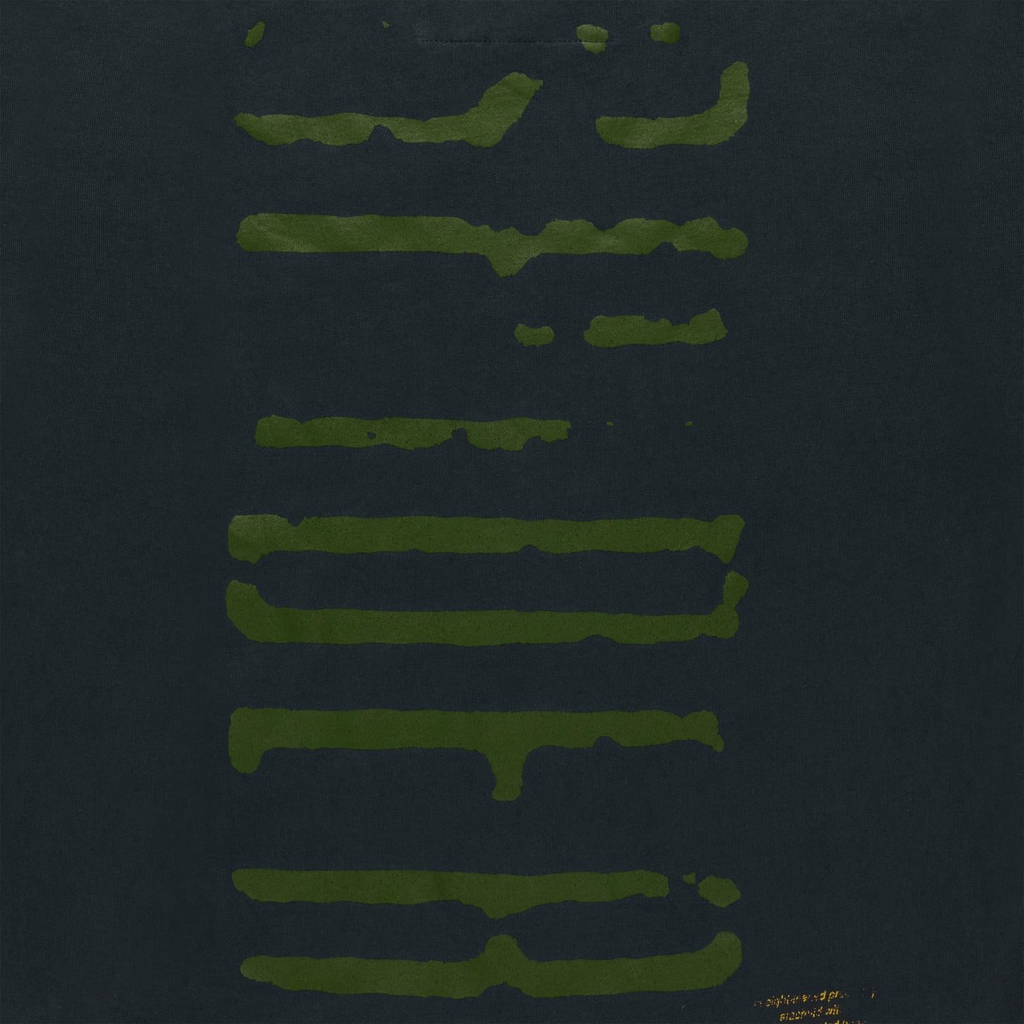 Black 100% cotton long sleeve tee with abstract olive green graphic print.