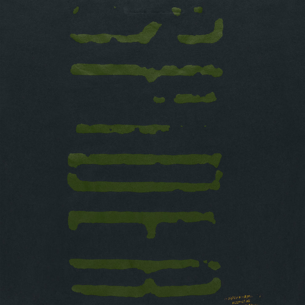 Black 100% cotton long sleeve tee with abstract olive green graphic print.