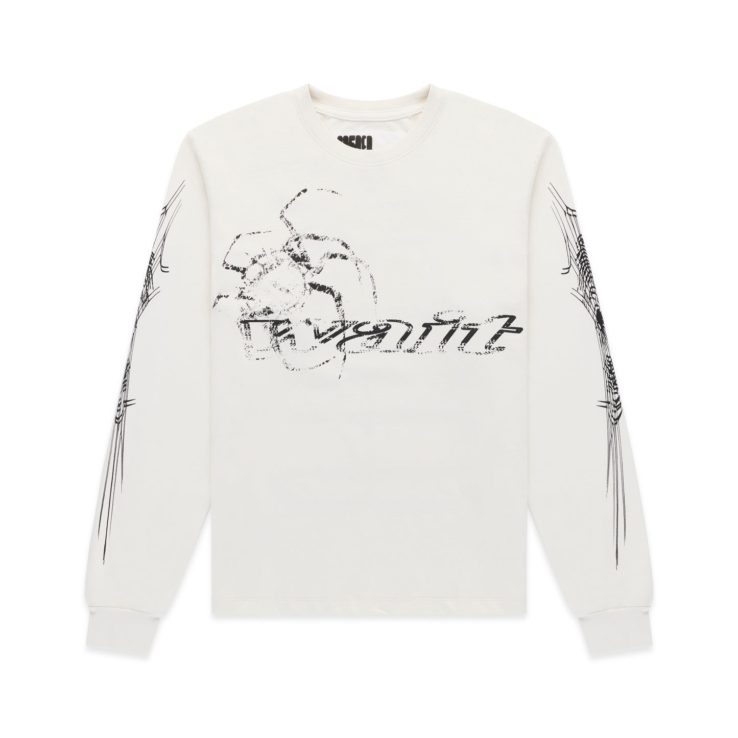 WAIT LONGSLEEVE: Off-white 100% cotton long sleeve tee with black graphic print on sleeves and chest.
