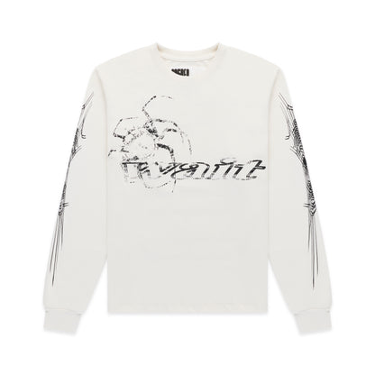 WAIT LONGSLEEVE: Off-white 100% cotton long sleeve tee with black graphic print on sleeves and chest.