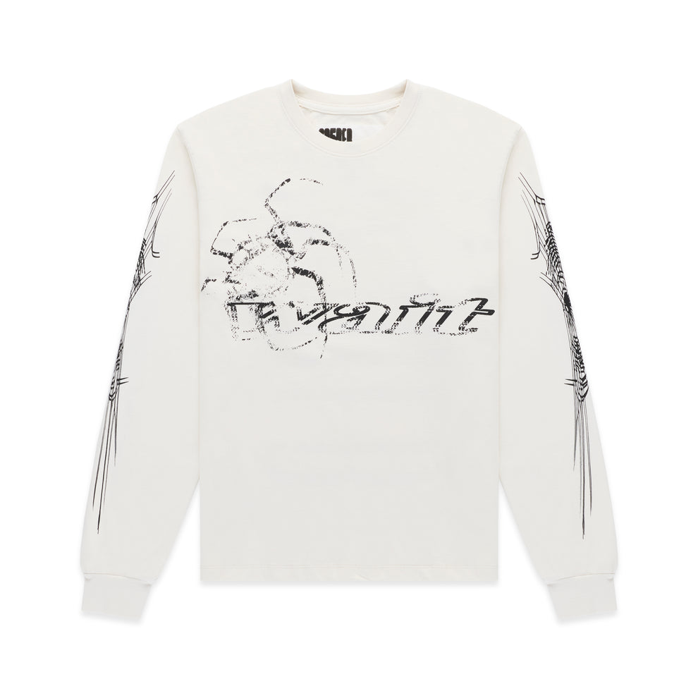 WAIT LONGSLEEVE: Off-white 100% cotton long sleeve tee with black graphic print on sleeves and chest.