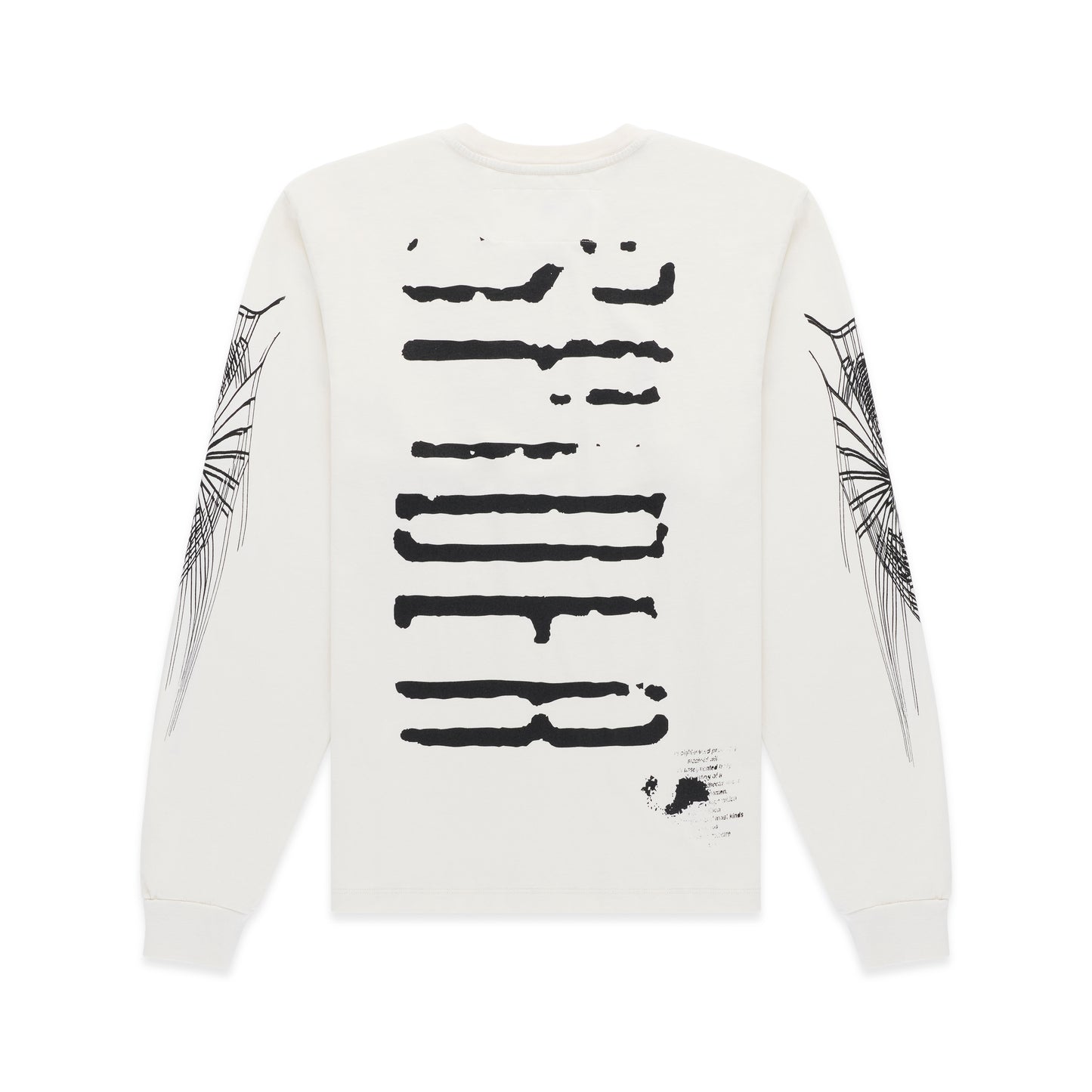 WAIT LONGSLEEVE: Off-white 100% cotton long sleeve tee with black graphic print on back and sleeves.