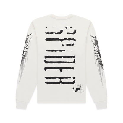 WAIT LONGSLEEVE: Off-white 100% cotton long sleeve tee with black graphic print on back and sleeves.