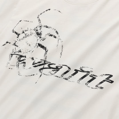WAIT LONGSLEEVE: Close-up of a white 100% cotton long sleeve tee with black graphic print.