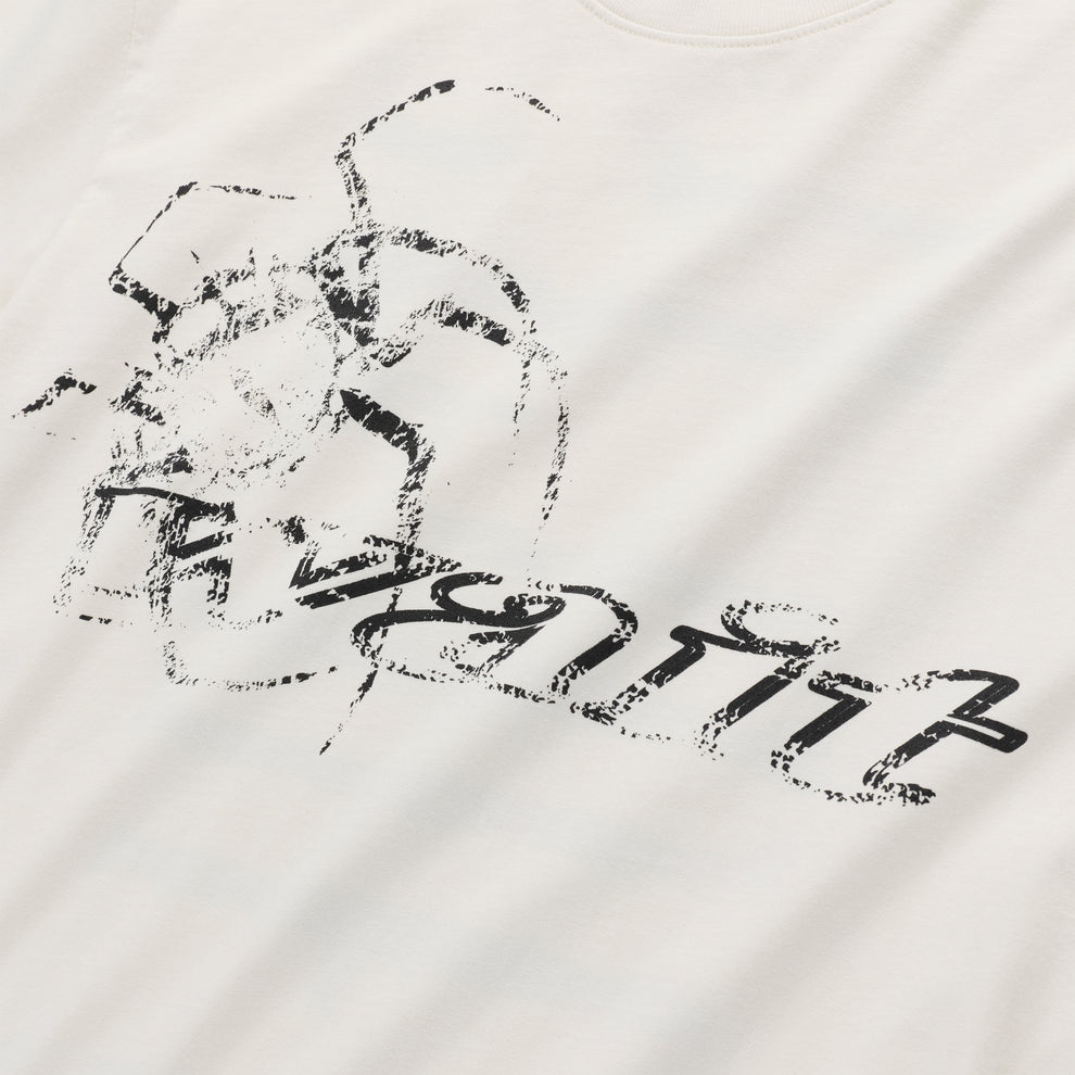 WAIT LONGSLEEVE: Close-up of a white 100% cotton long sleeve tee with black graphic print.