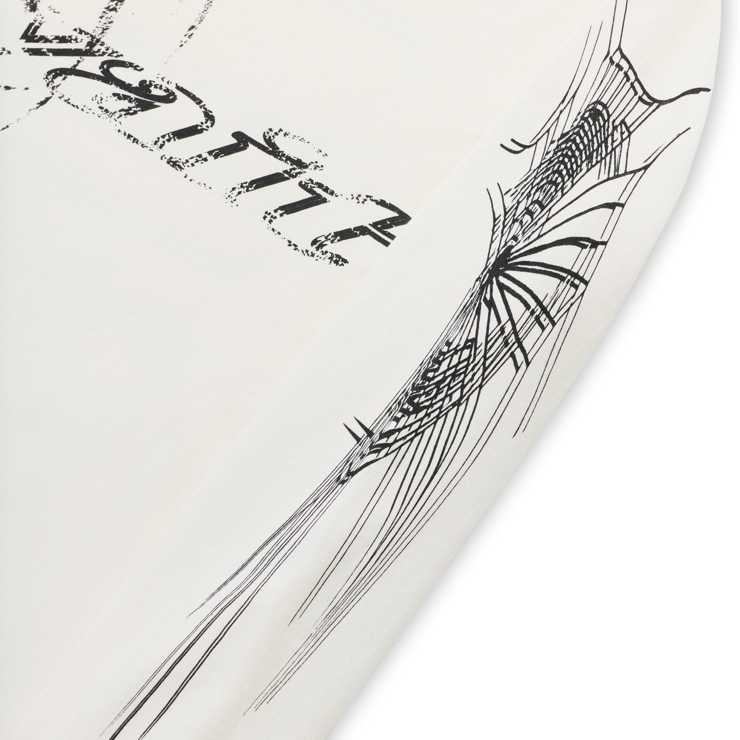 White 100% cotton long sleeve tee with black graphic print on sleeves, ribbed collar and cuffs.