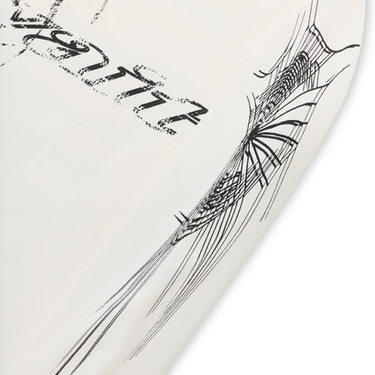 White 100% cotton long sleeve tee with black graphic print on sleeves, ribbed collar and cuffs.