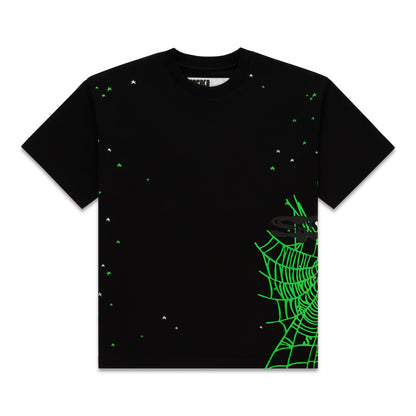 Black 100% cotton tee with a large neon green spider web graphic and scattered white and green stars.