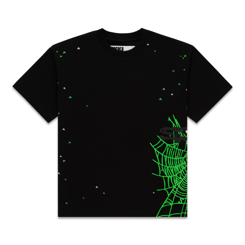 Black 100% cotton tee with a large neon green spider web graphic and scattered white and green stars.