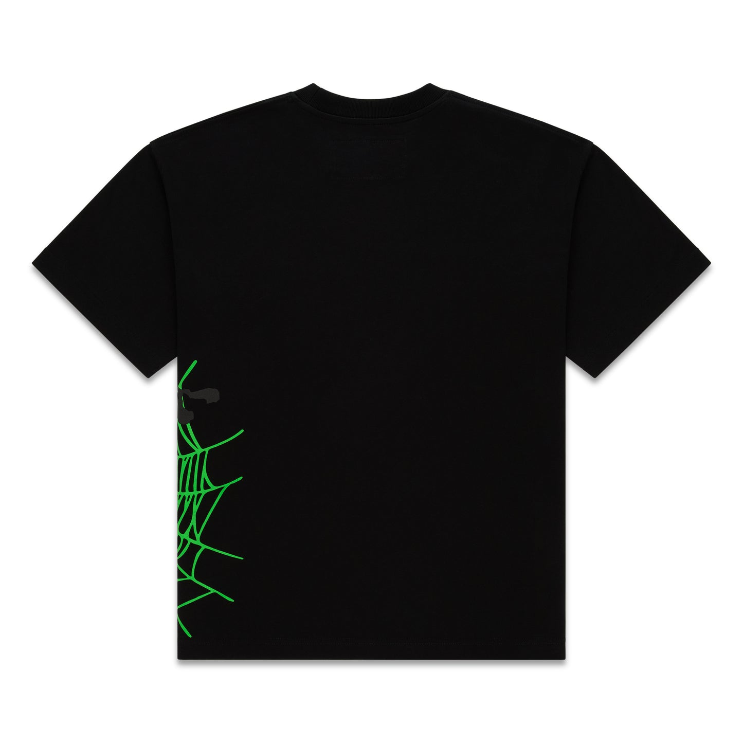 Black 100% cotton HEAVY WEB TEE with a bright green spider web and star print on the left side.