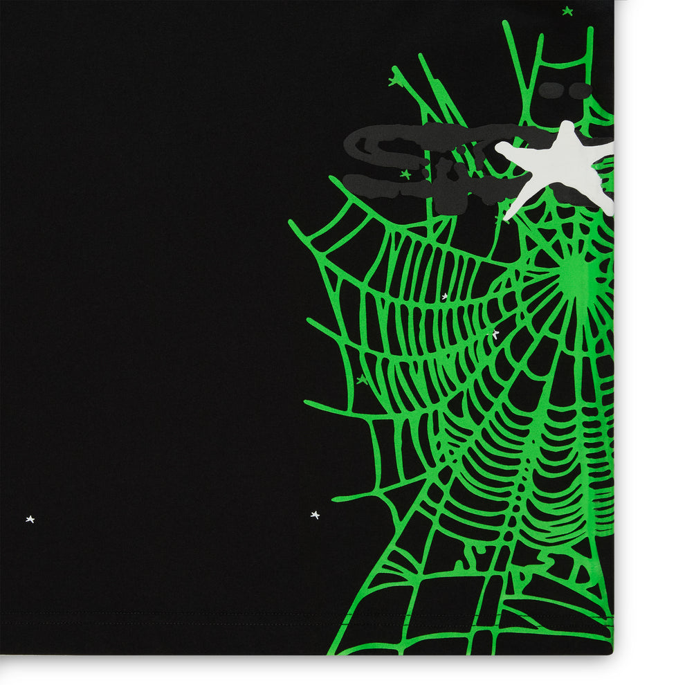 Black 100% cotton tee with bright green heavy web graphic, black text, and a white star.