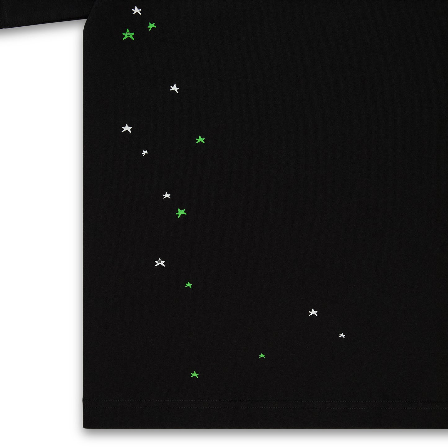 Black 100% cotton lightweight tee with scattered white and green star print.