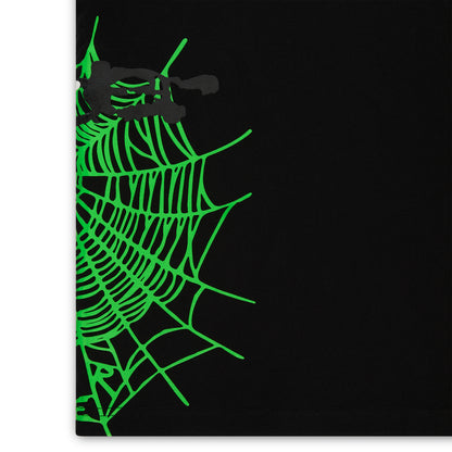 Black cotton tee with a bright green heavy web graphic and a black spider.