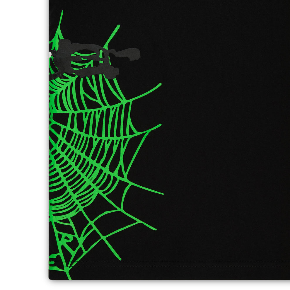Black cotton tee with a bright green heavy web graphic and a black spider.