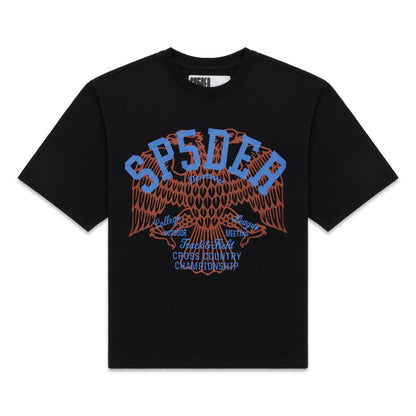 Black cotton t-shirt with "SPSDER" and an eagle graphic in blue and orange.