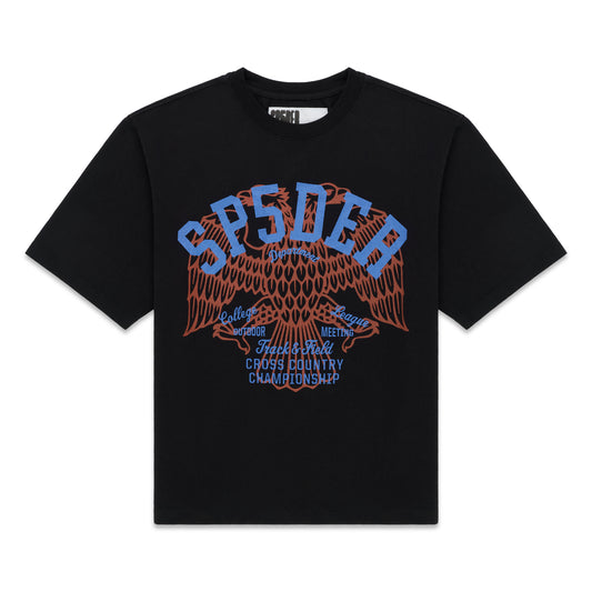 Black cotton t-shirt with "SPSDER" and an eagle graphic in blue and orange.