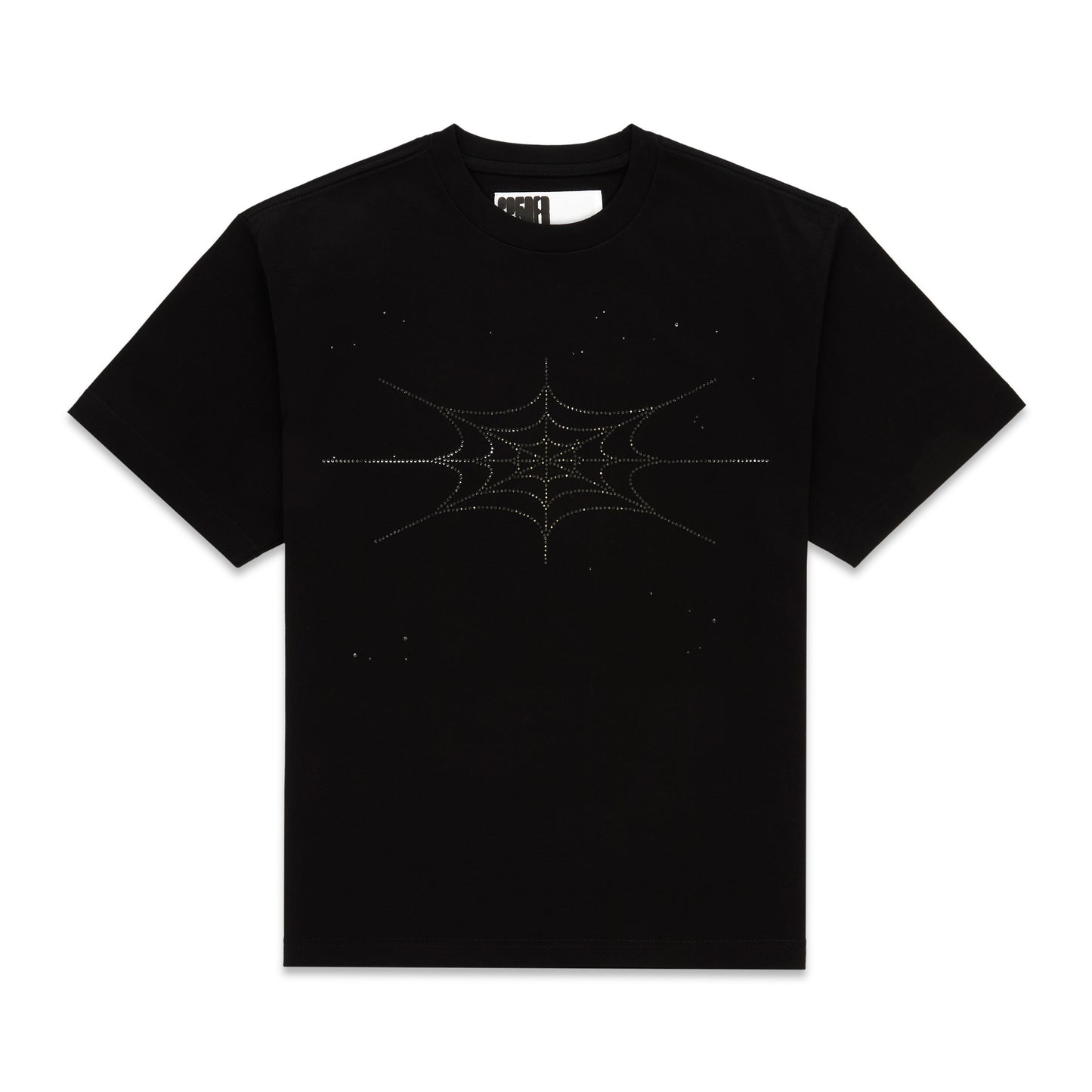 Black 100% cotton tee with a rhinestone spiderweb graphic on the front.