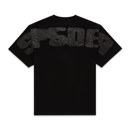 Black cotton tee with large rhinestone "PSDB" graphic on the back.