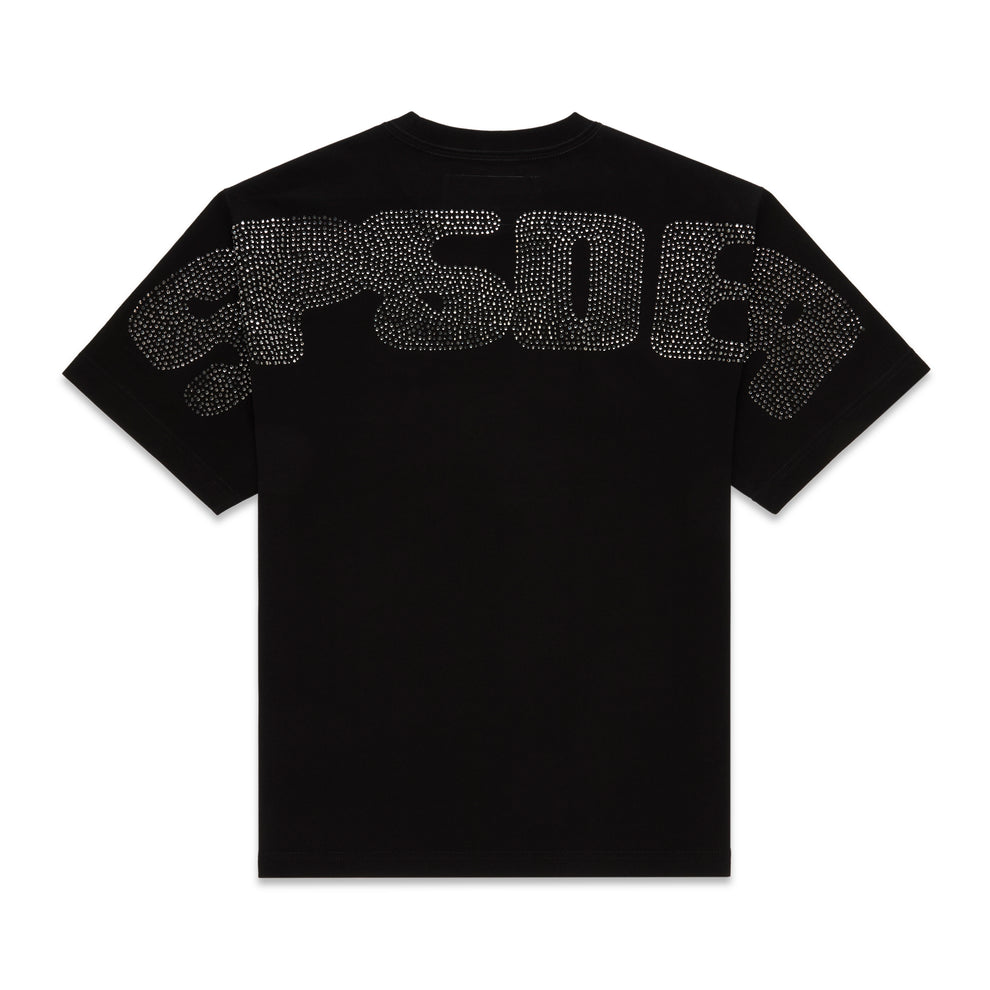 Black cotton tee with large rhinestone "PSDB" graphic on the back.