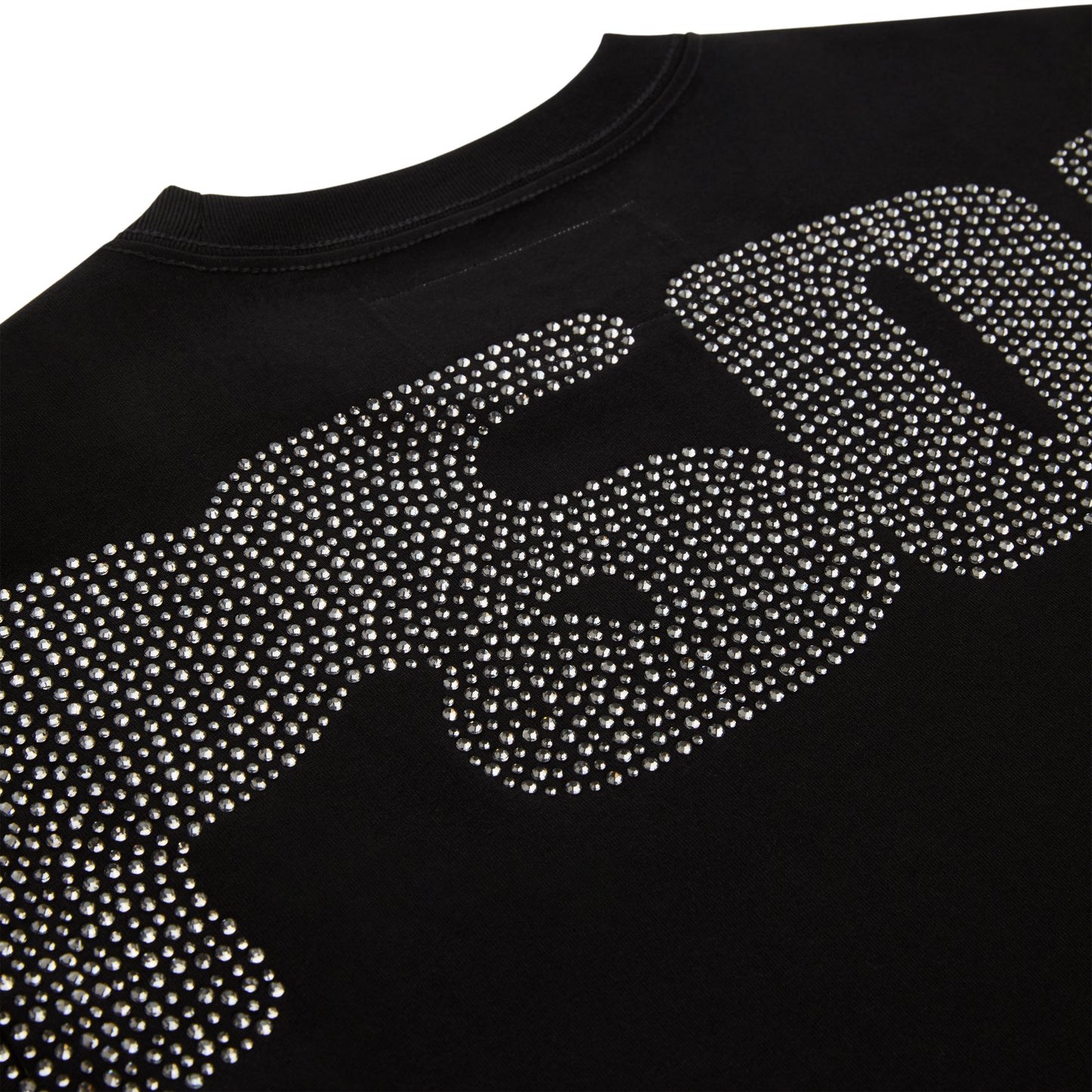 Black cotton tee with a large, sparkly rhinestone graphic.