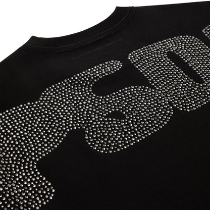 Black cotton tee with a large, sparkly rhinestone graphic.