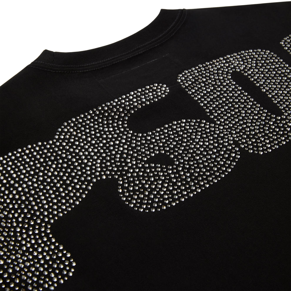 Black cotton tee with a large, sparkly rhinestone graphic.