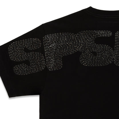 Black cotton tee with sparkling rhinestone graphic on the back.