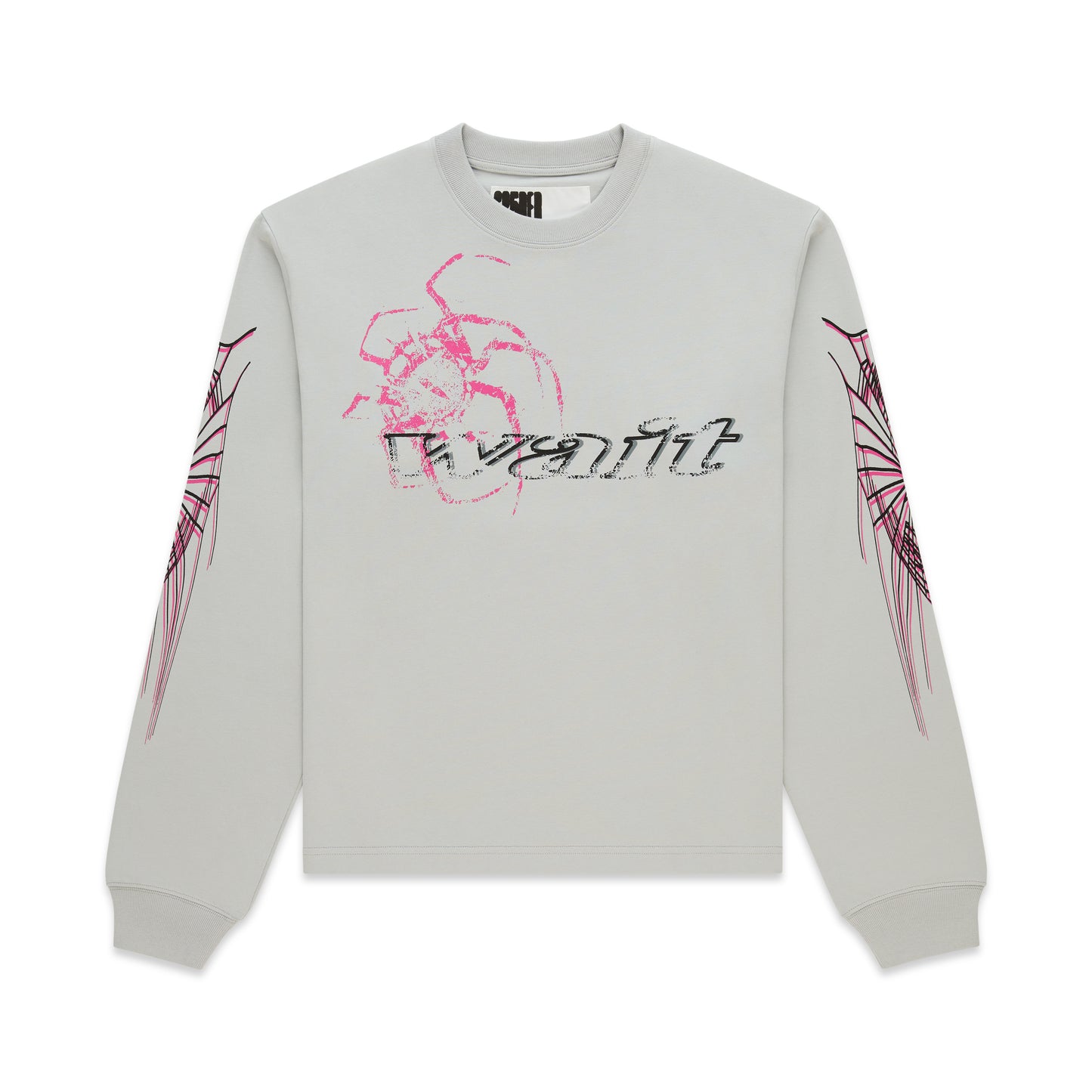 Light grey 100% cotton long sleeve tee with pink spider graphic and black text on front, pink web design on sleeves.