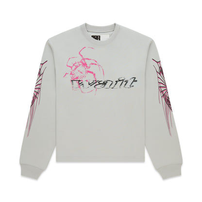Light grey 100% cotton long sleeve tee with pink spider graphic and black text on front, pink web design on sleeves.