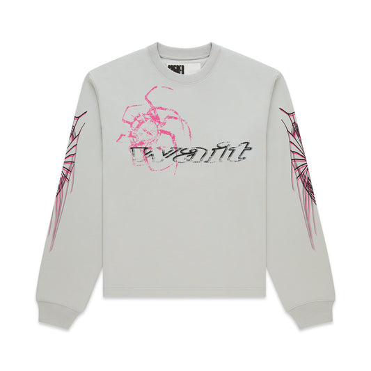 Light grey 100% cotton long sleeve tee with pink spider graphic and black text on front, pink web design on sleeves.