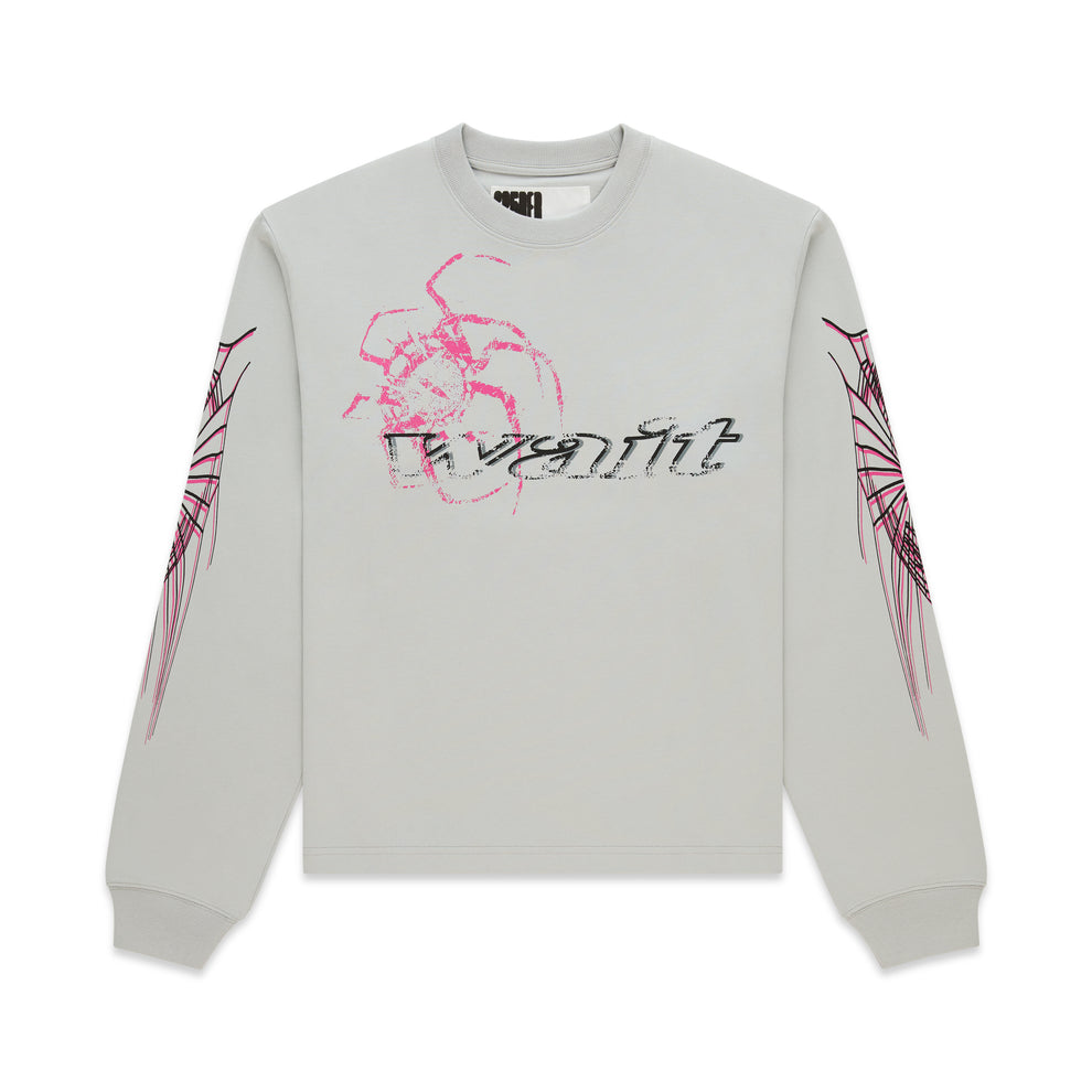 Light grey 100% cotton long sleeve tee with pink spider graphic and black text on front, pink web design on sleeves.
