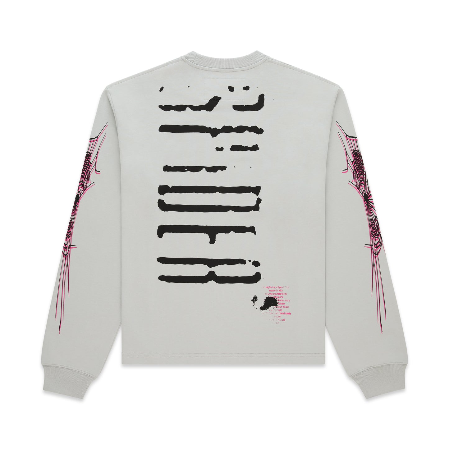 Light grey 100% cotton long sleeve tee with black graphic print on back and pink web design on sleeves.