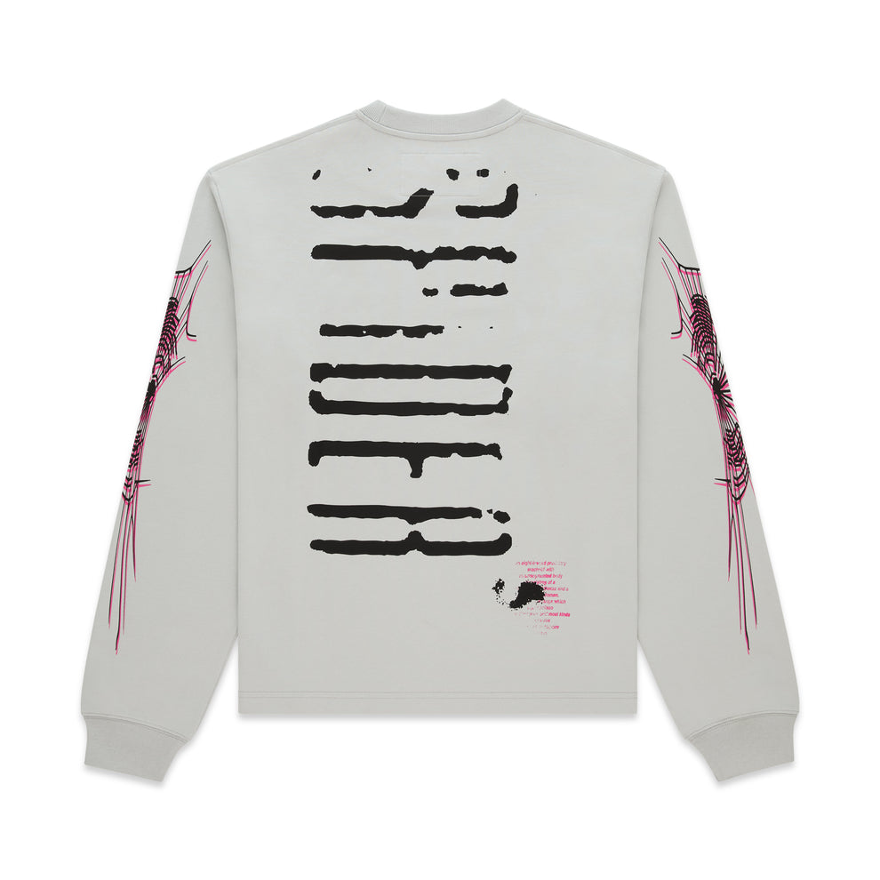 Light grey 100% cotton long sleeve tee with black graphic print on back and pink web design on sleeves.