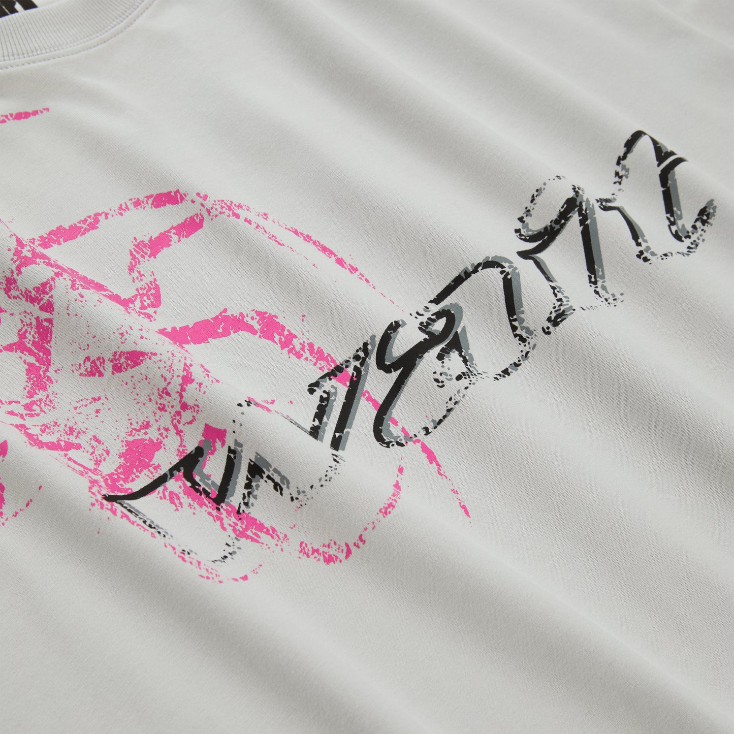 WAIT LONGSLEEVE: Light gray 100% cotton long sleeve tee with black and pink graphic print.