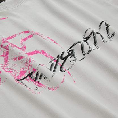 WAIT LONGSLEEVE: Light gray 100% cotton long sleeve tee with black and pink graphic print.