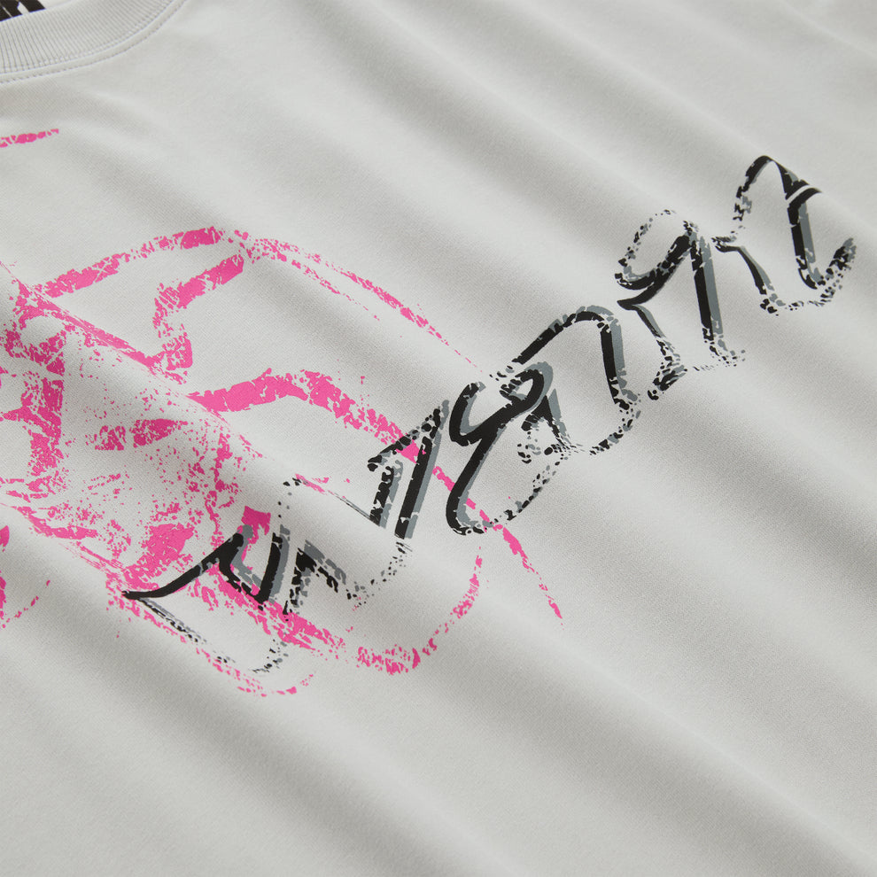 WAIT LONGSLEEVE: Light gray 100% cotton long sleeve tee with black and pink graphic print.