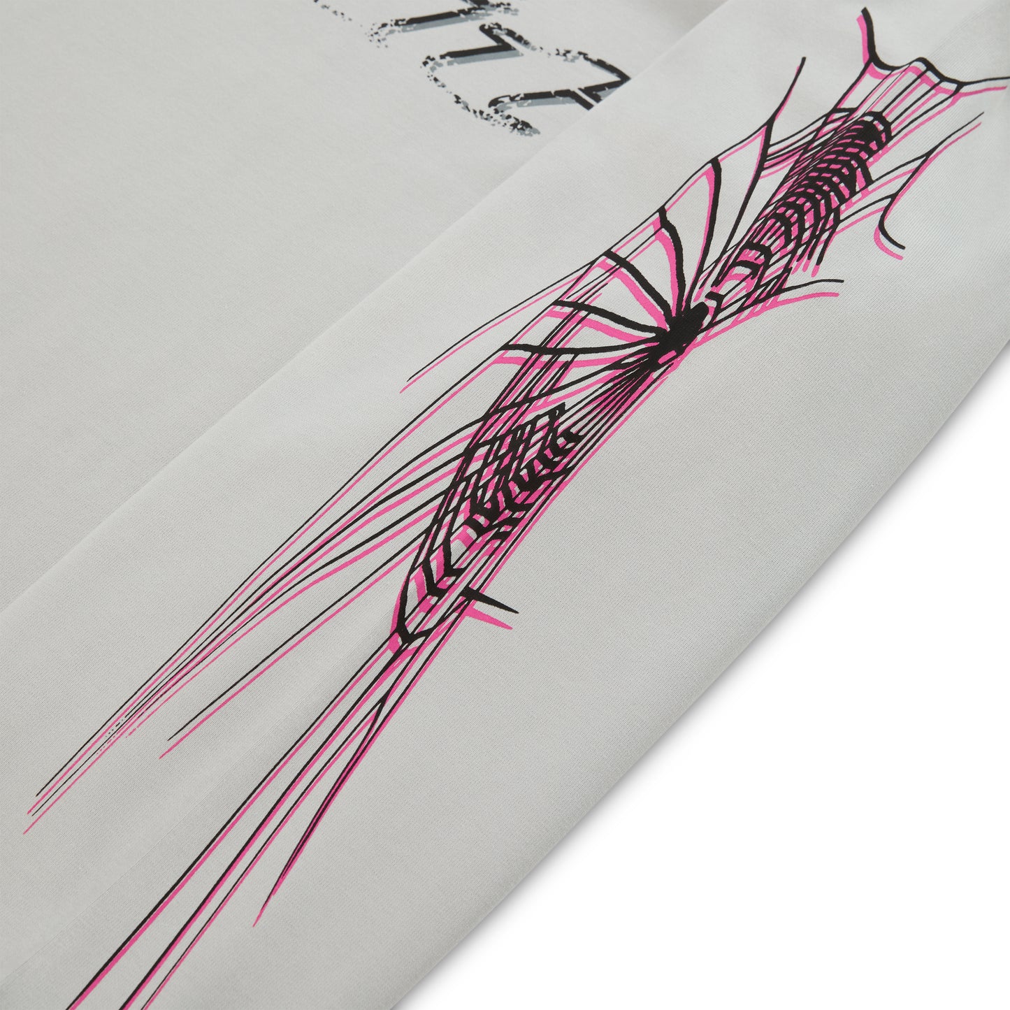 WAIT LONGSLEEVE: Light grey 100% cotton long sleeve tee with a vibrant pink and black graphic print on the sleeve.