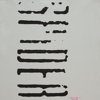 White cotton long sleeve tee with black graphic print and red text.