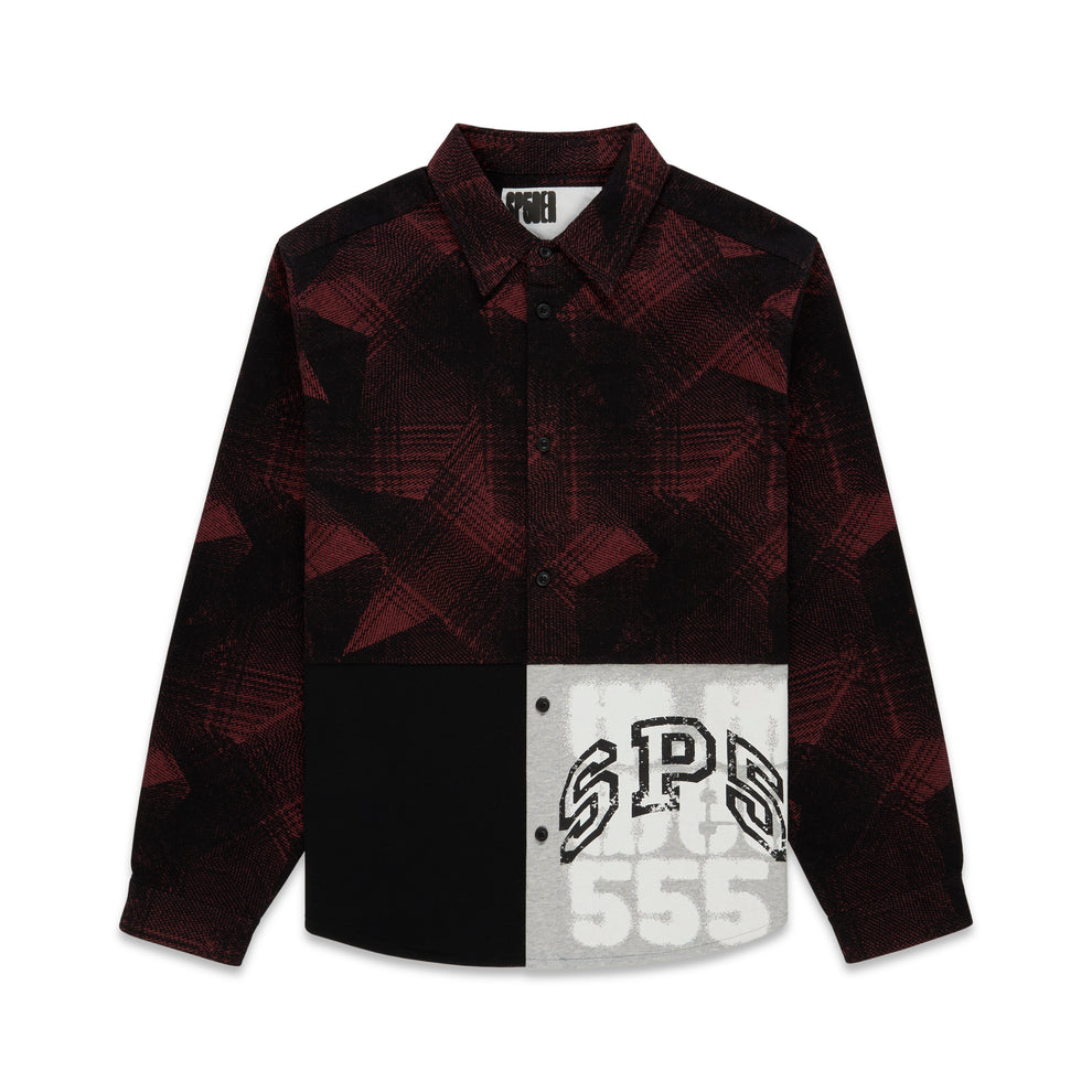 Red and black plaid cotton flannel shirt with paneled construction and SP5 graphic.