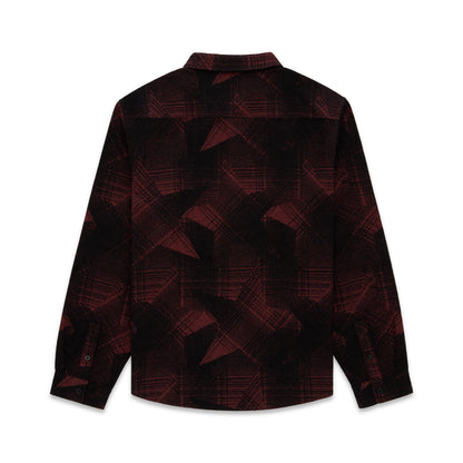 STAR PLAID FLANNEL: Black and red cotton flannel shirt with plaid and paneled SP5 star graphic.