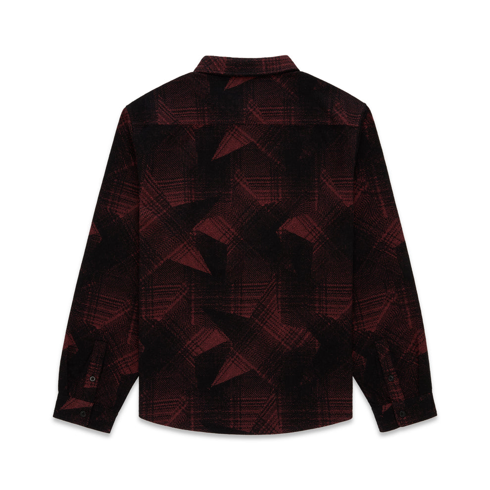 STAR PLAID FLANNEL: Black and red cotton flannel shirt with plaid and paneled SP5 star graphic.