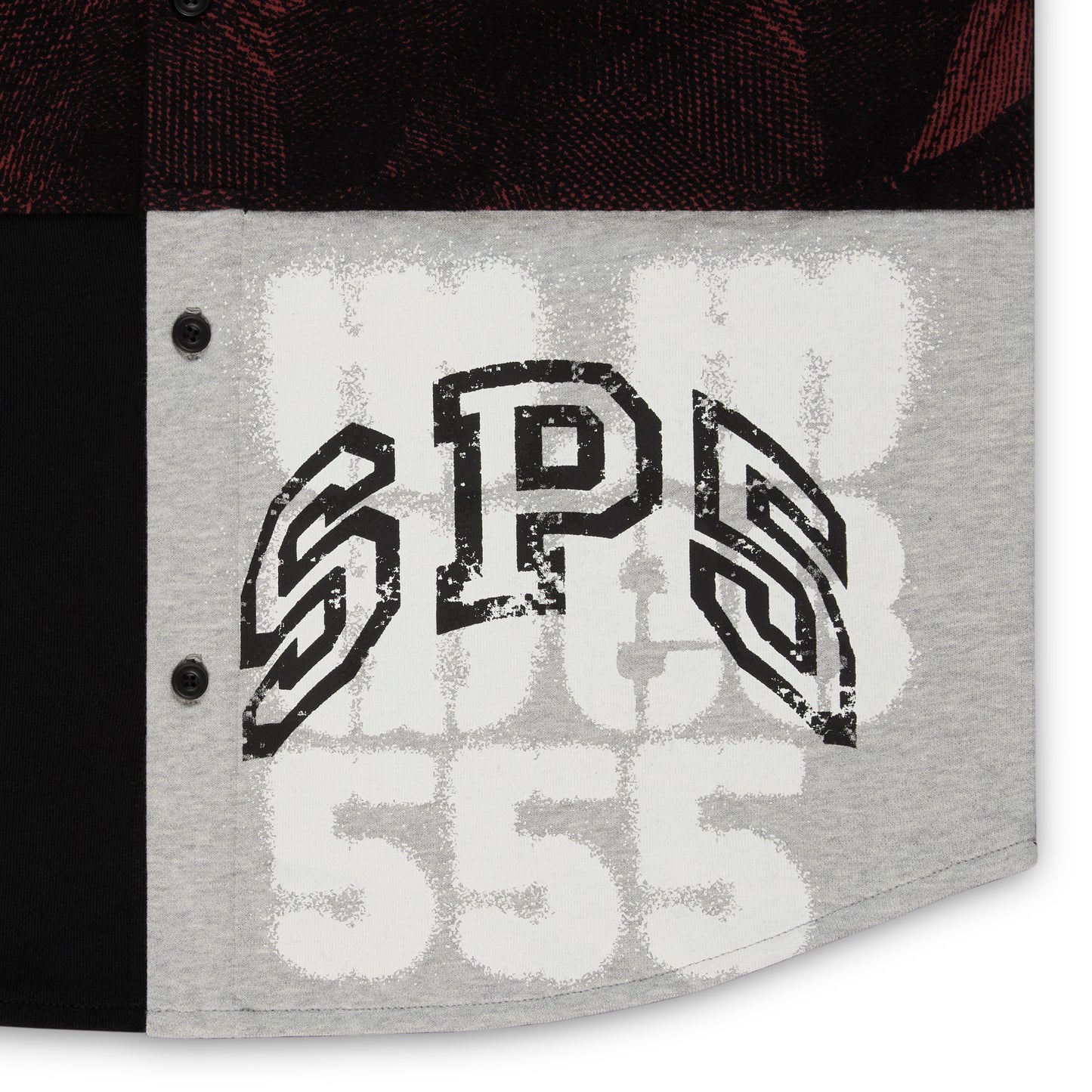 Red and black plaid cotton flannel shirt with gray paneled construction and distressed black SP5 graphic.