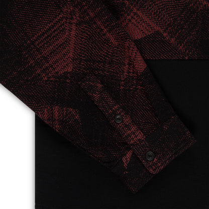 STAR PLAID FLANNEL: Red and black cotton flannel shirt with abstract plaid and SP5 graphic.