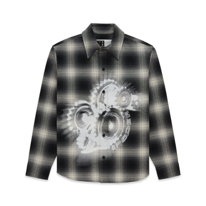 Black and white plaid cotton flannel shirt with a faded graphic print on the front.