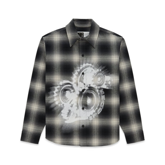 Black and white plaid cotton flannel shirt with a faded graphic print on the front.