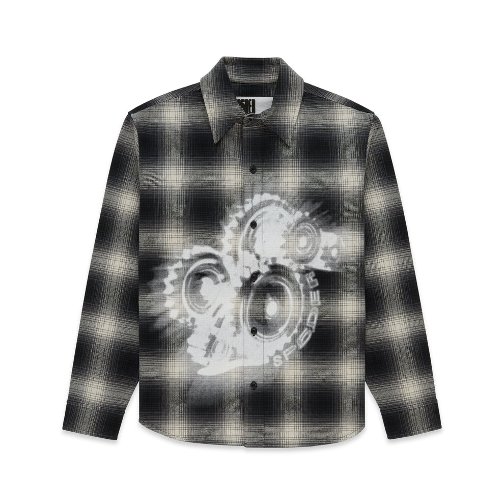 Black and white plaid cotton flannel shirt with a faded graphic print on the front.